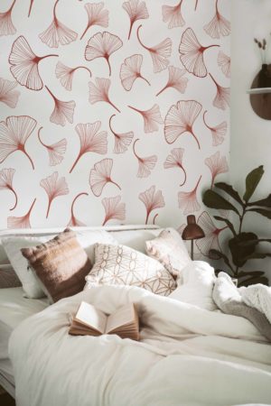 Wallpaper N178 Leaves Gingko Terracotta White Background Bedroom